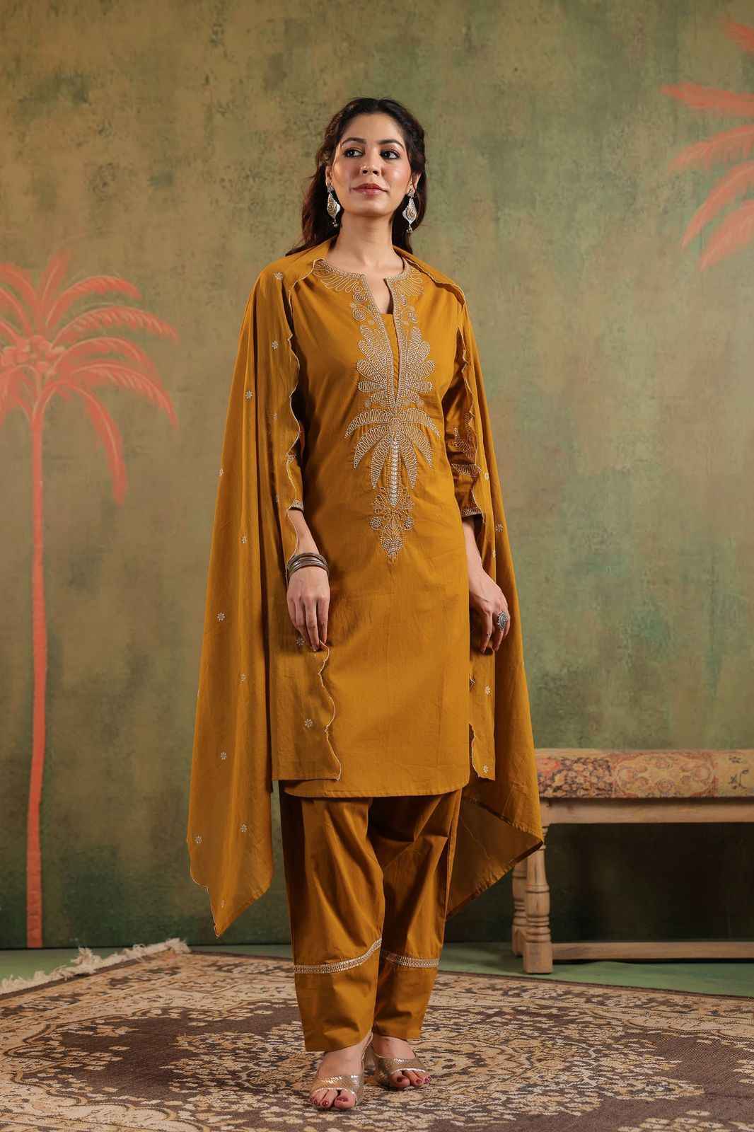Embroidered Cotton Suit Farsi Pant Set with Dupatta