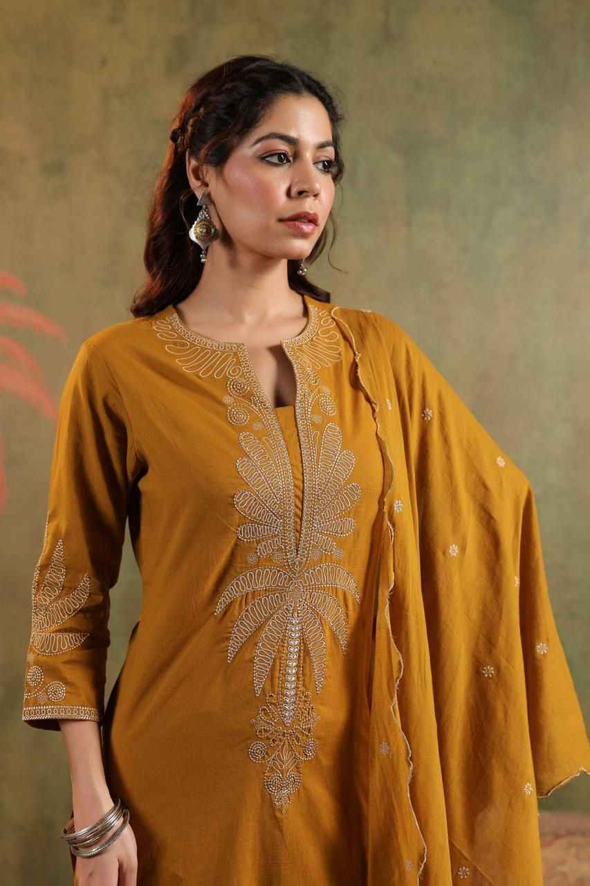 Embroidered Cotton Suit Farsi Pant Set with Dupatta