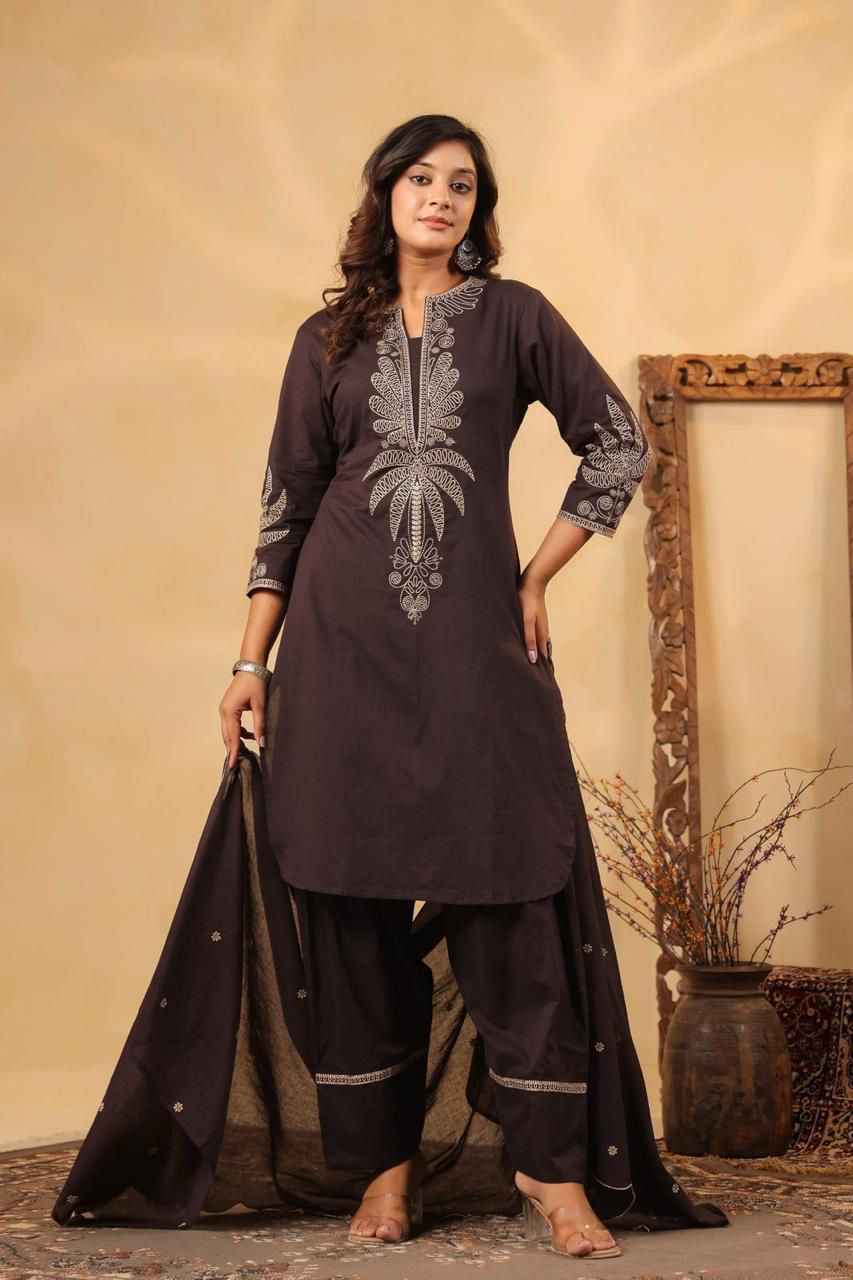 Embroidered Cotton Suit Farsi Pant Set with Dupatta