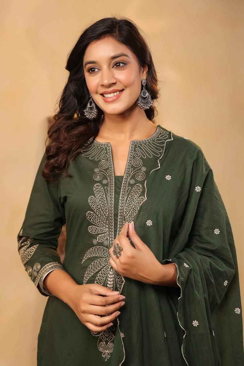 Embroidered Cotton Suit Farsi Pant Set with Dupatta
