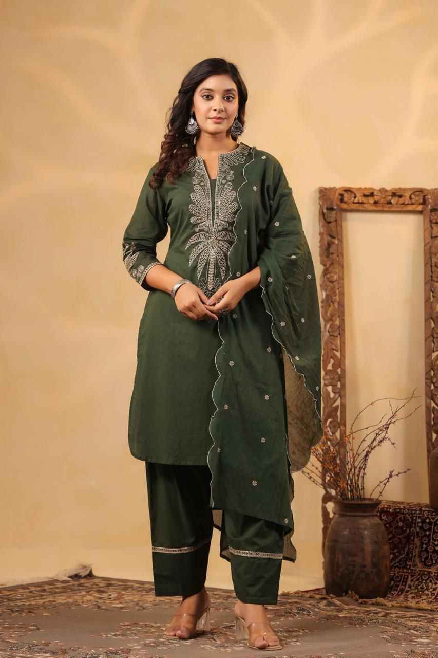 Embroidered Cotton Suit Farsi Pant Set with Dupatta