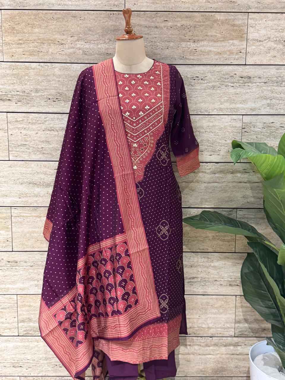 Festival Wear  Pure Muslin Three Piece Bandhej Print  Dupatta Set
