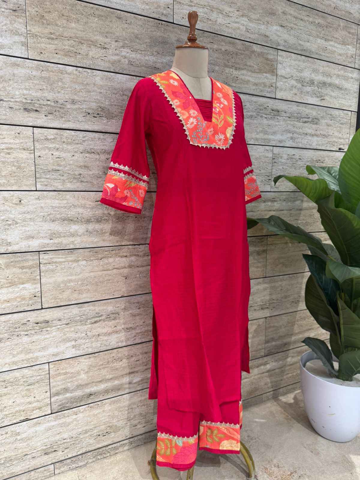 Pure Muslin Straight Two Piece Pant Set With Plazzo