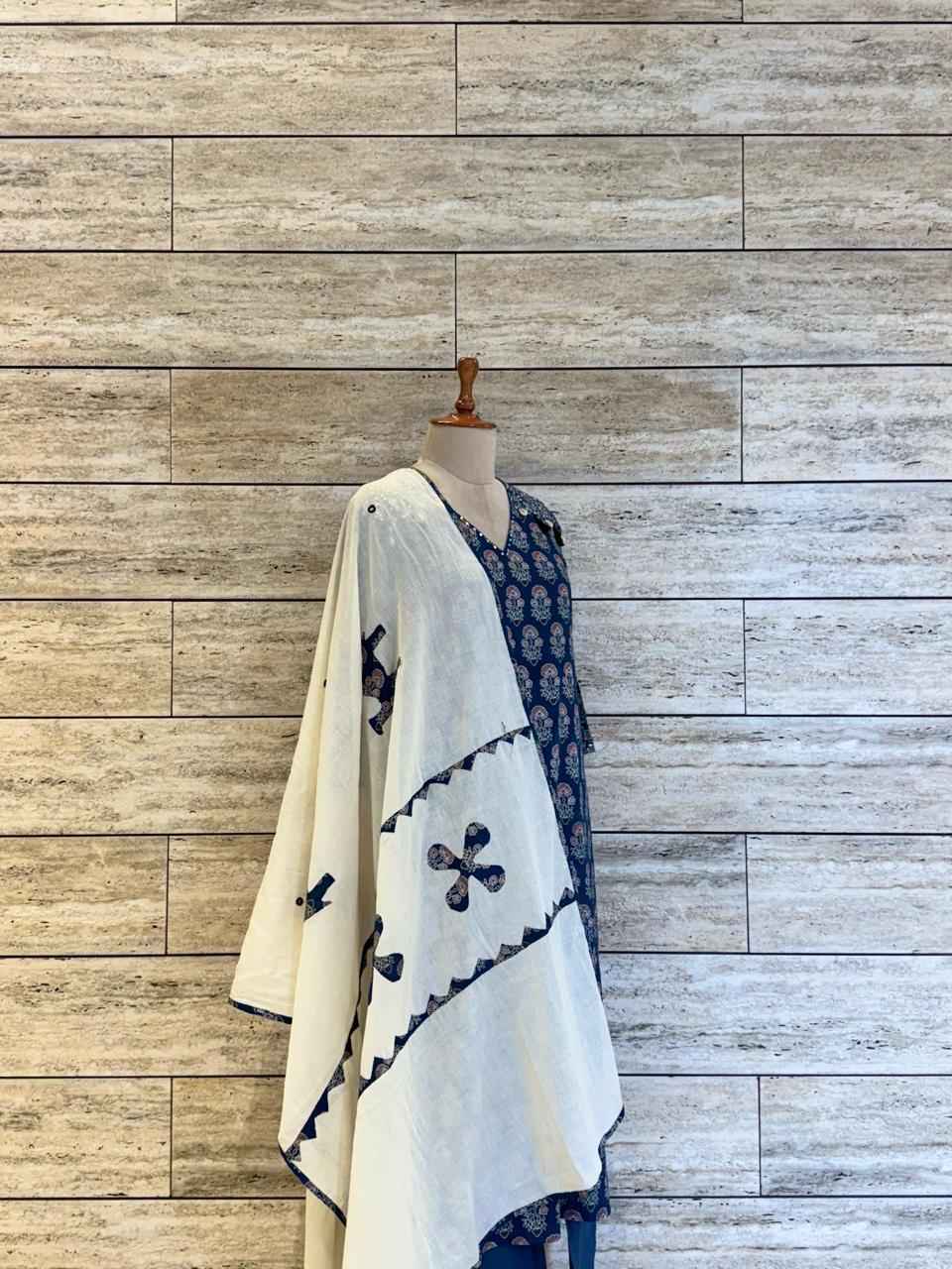 Pure Cotton Straight Dupatta Set With Applique Work