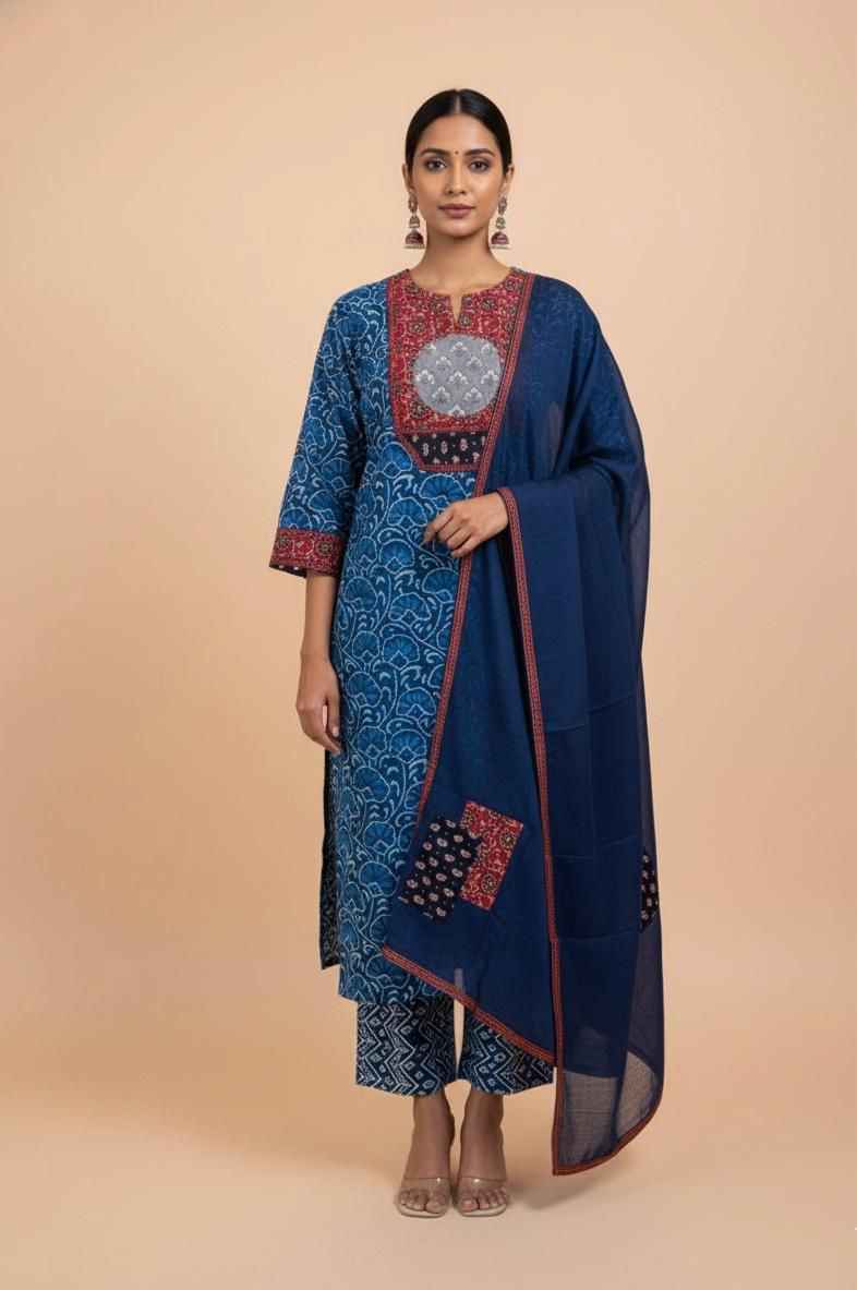 Premium Cotton With Appliqué Dupatta Set