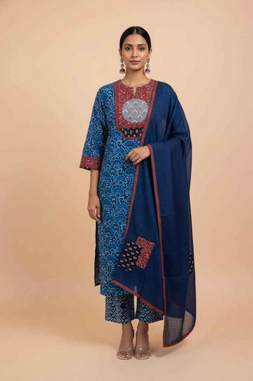 Premium Cotton With Appliqué Dupatta Set