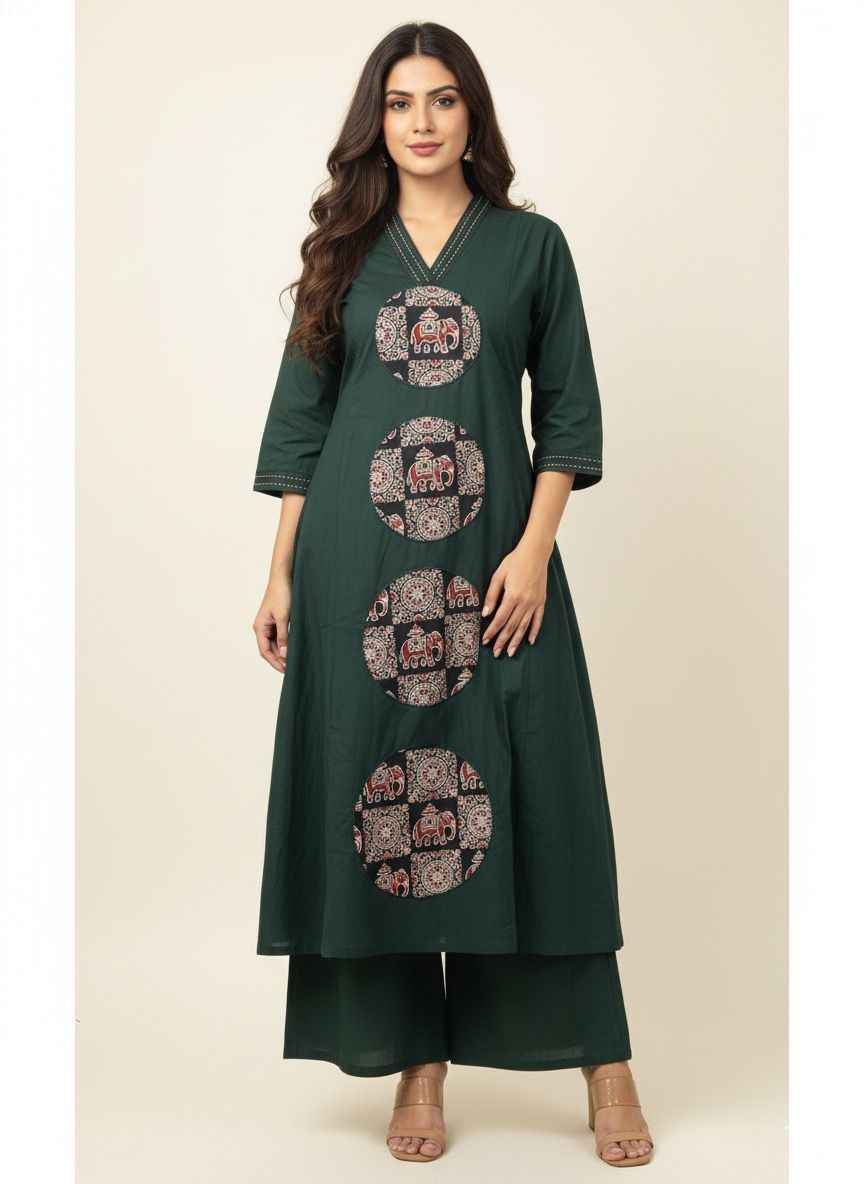 Pure Cotton Flex A Line Pant Set With Applique Work PS063