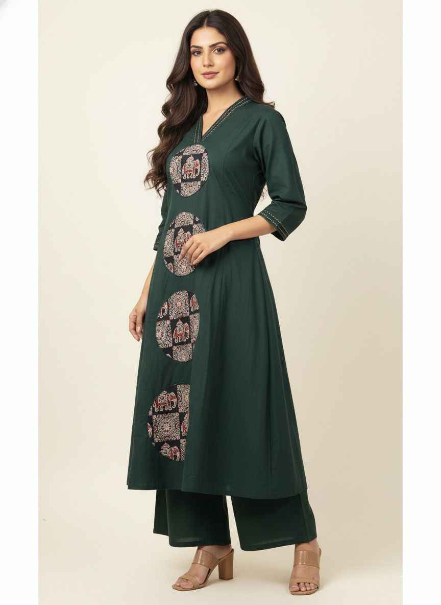 Pure Cotton Flex A Line Pant Set With Applique Work PS063