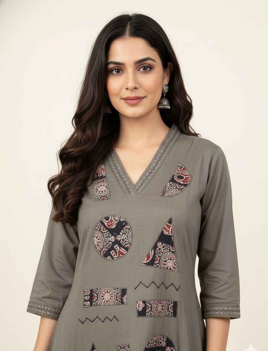 Pure Cotton Flex A Line Pant Set With Applique Work  PS064