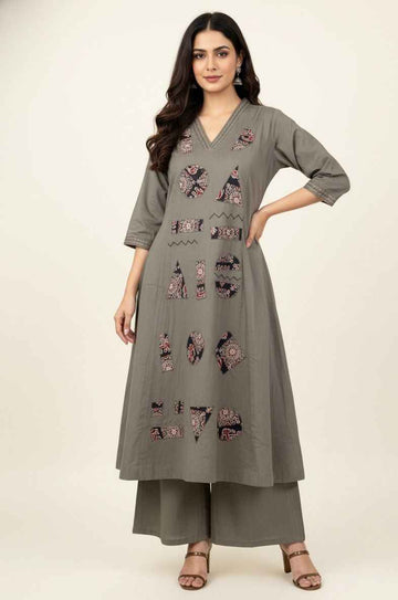 Pure Cotton Flex A Line Pant Set With Applique Work  PS064