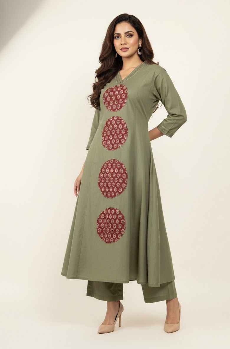 Pure Cotton Flex A Line Pant Set With Applique Work PS065