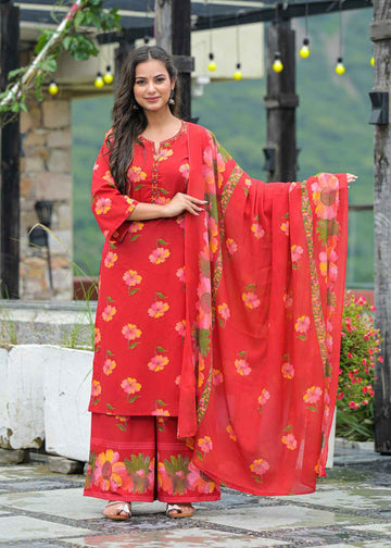 Floral Print Pure Cotton Three Piece Dupatta Set With Palazzo