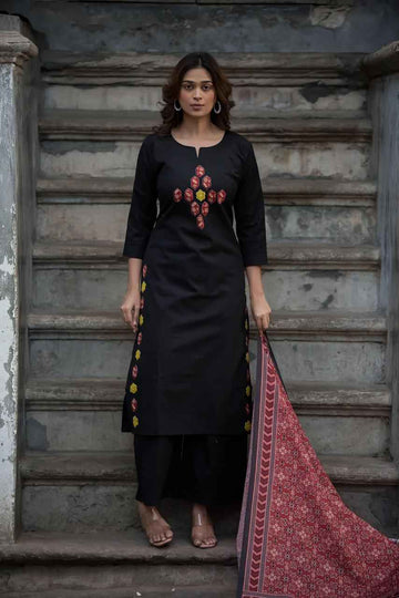 Pure Cotton Three Piece Dupatta Set With Kota Doriya Dupatta