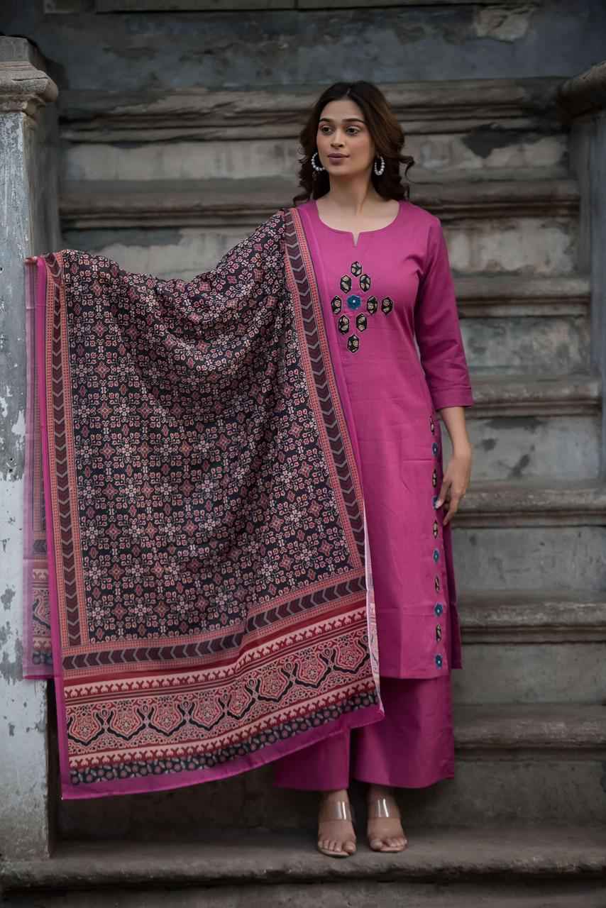 Pure Cotton Three Piece Dupatta Set With Kota Doriya Dupatta