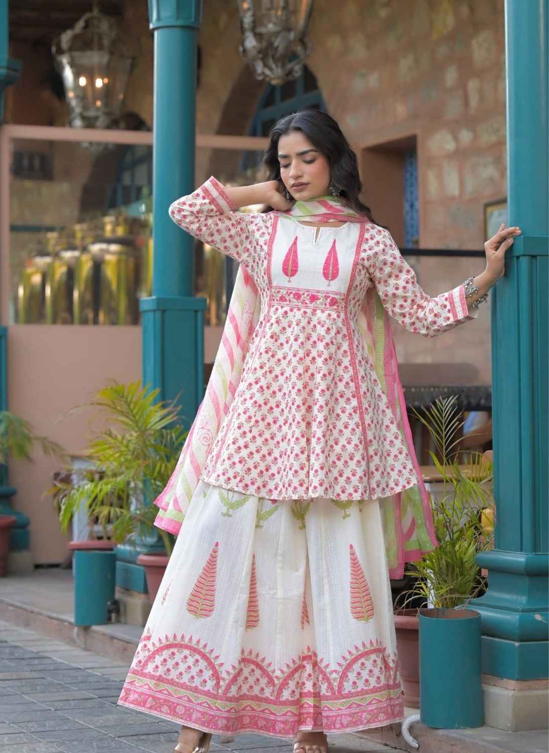 Pure Cotton Hand Block With Divider Dupatta Set