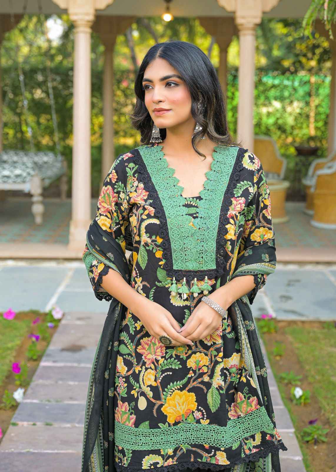 Pure Cotton Three Piece Dupatta Set With Salwar & Lace Work