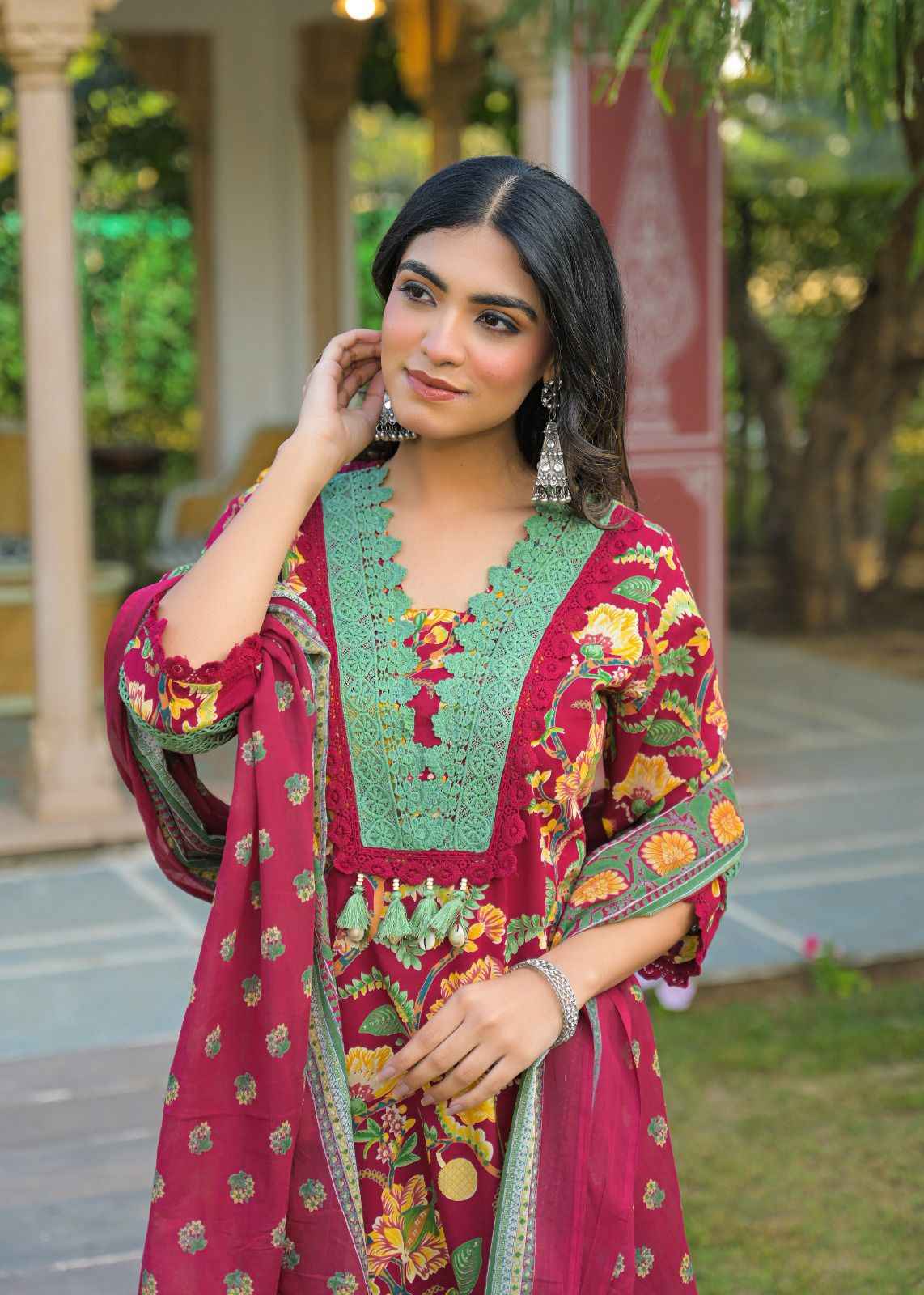 Pure Cotton Three Piece Dupatta Set With Salwar & Lace Work