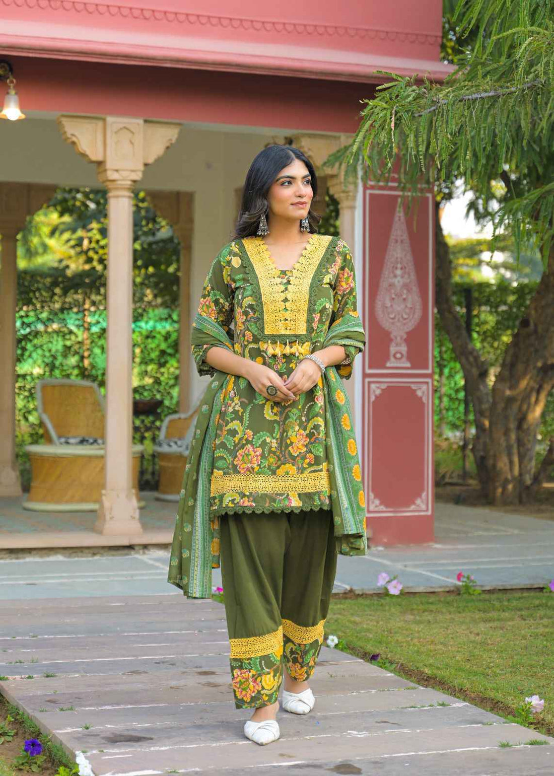 Pure Cotton Three Piece Dupatta Set With Salwar & Lace Work