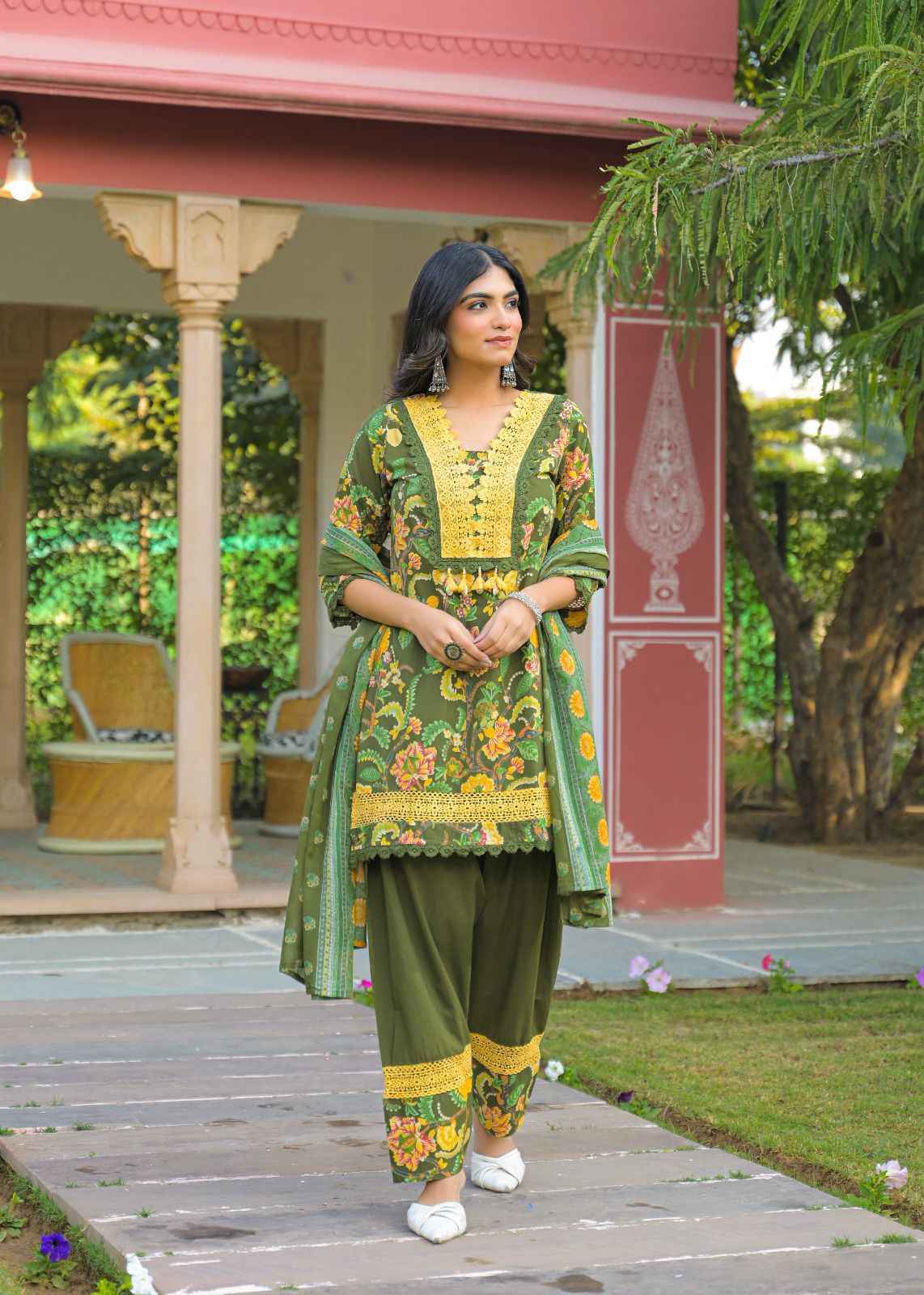 Pure Cotton Three Piece Dupatta Set With Salwar & Lace Work