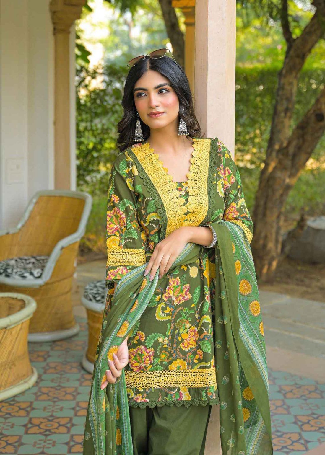 Pure Cotton Three Piece Dupatta Set With Salwar & Lace Work