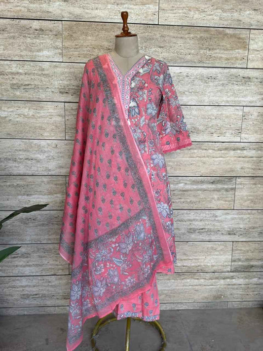 Pure Cotton Three Piece A Line Dupatta Set