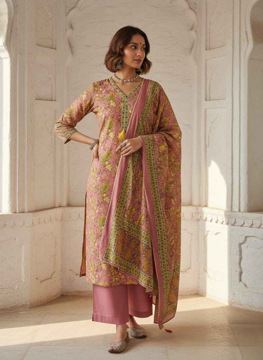 Pure Cotton Floral Print Three Piece Dupatta Set CS0210