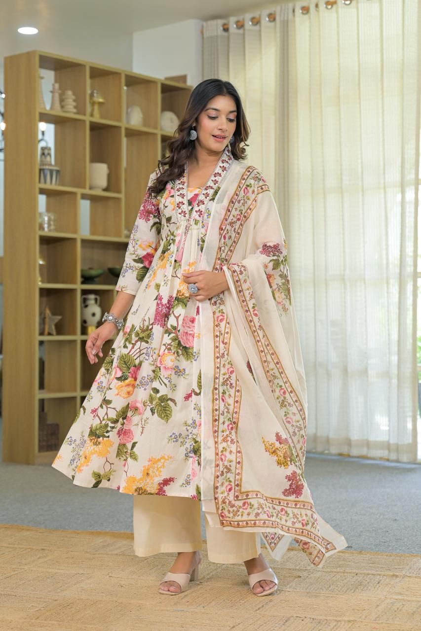 Floral Print Cotton Anarkali Dupatta Set ANK041