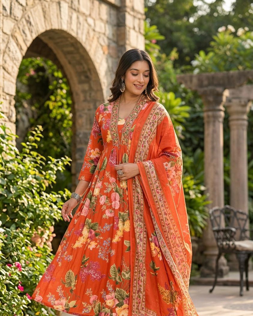 Floral Print Cotton Anarkali Dupatta Set ANK041