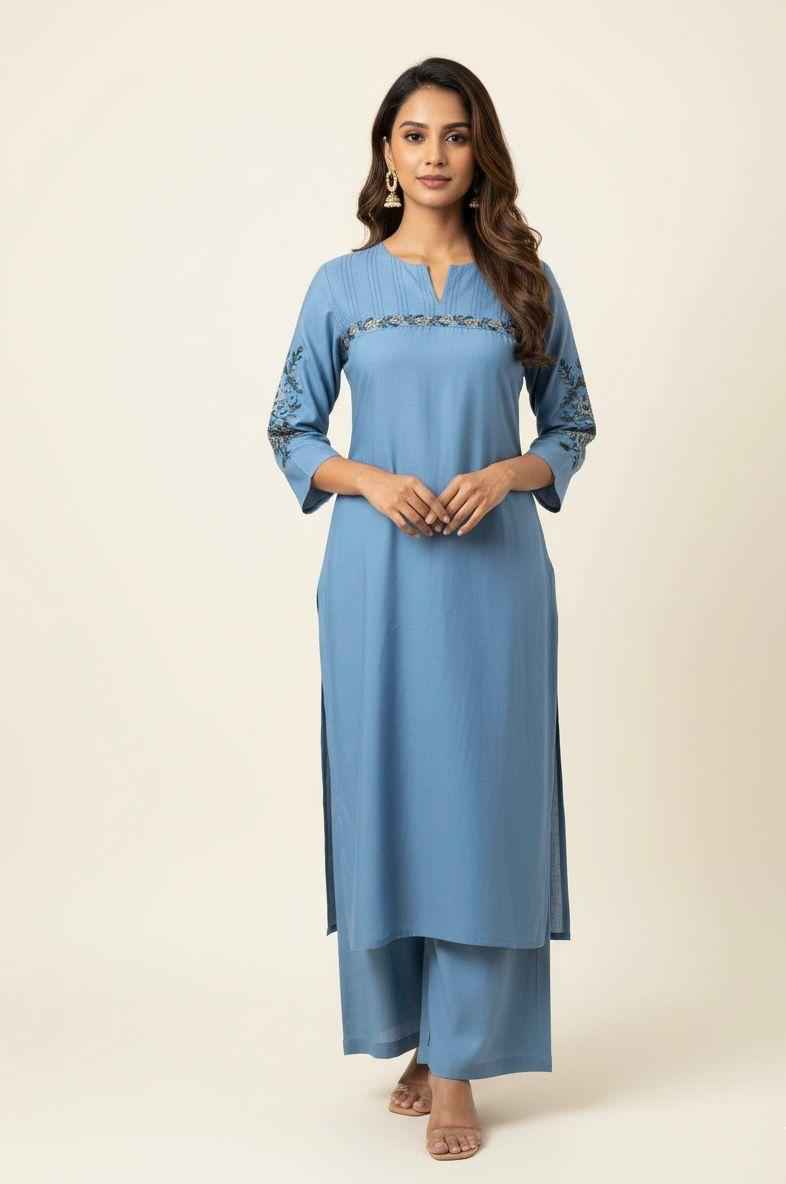 Muslin Solid Base Embroidered Pant Set MS001