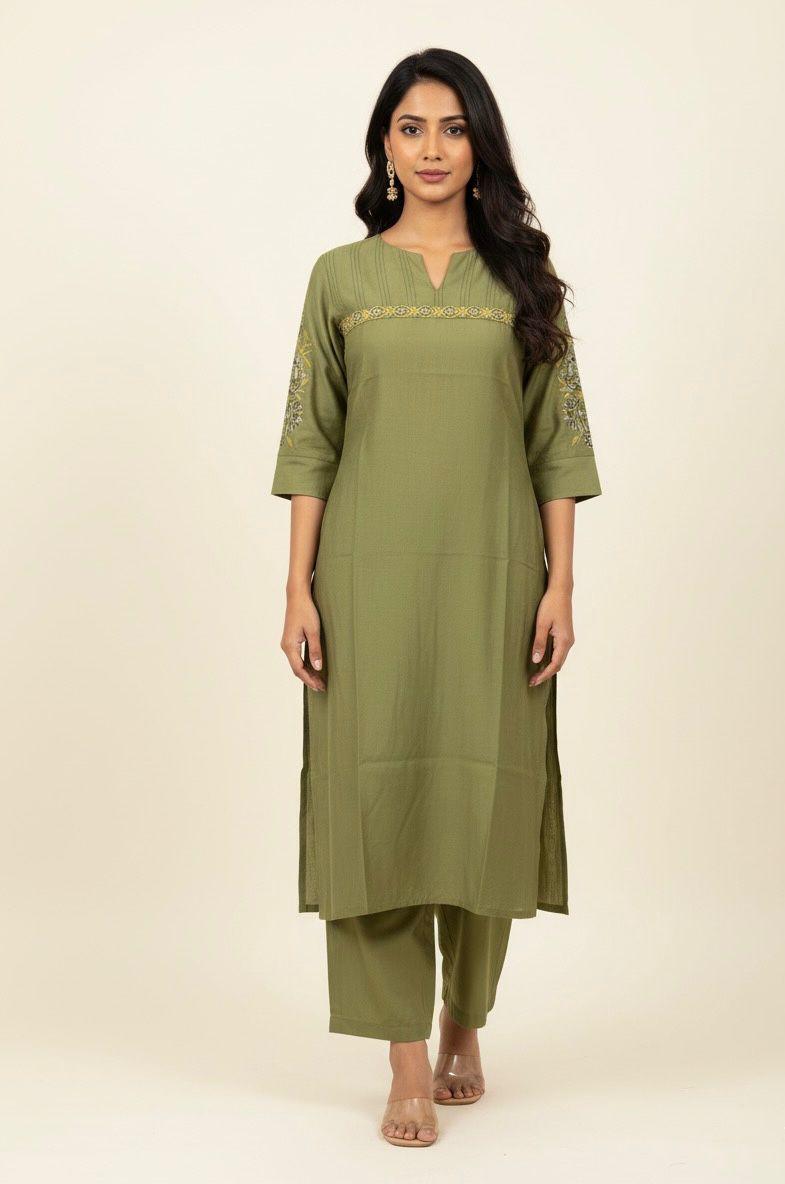 Muslin Solid Base Embroidered Pant Set MS001