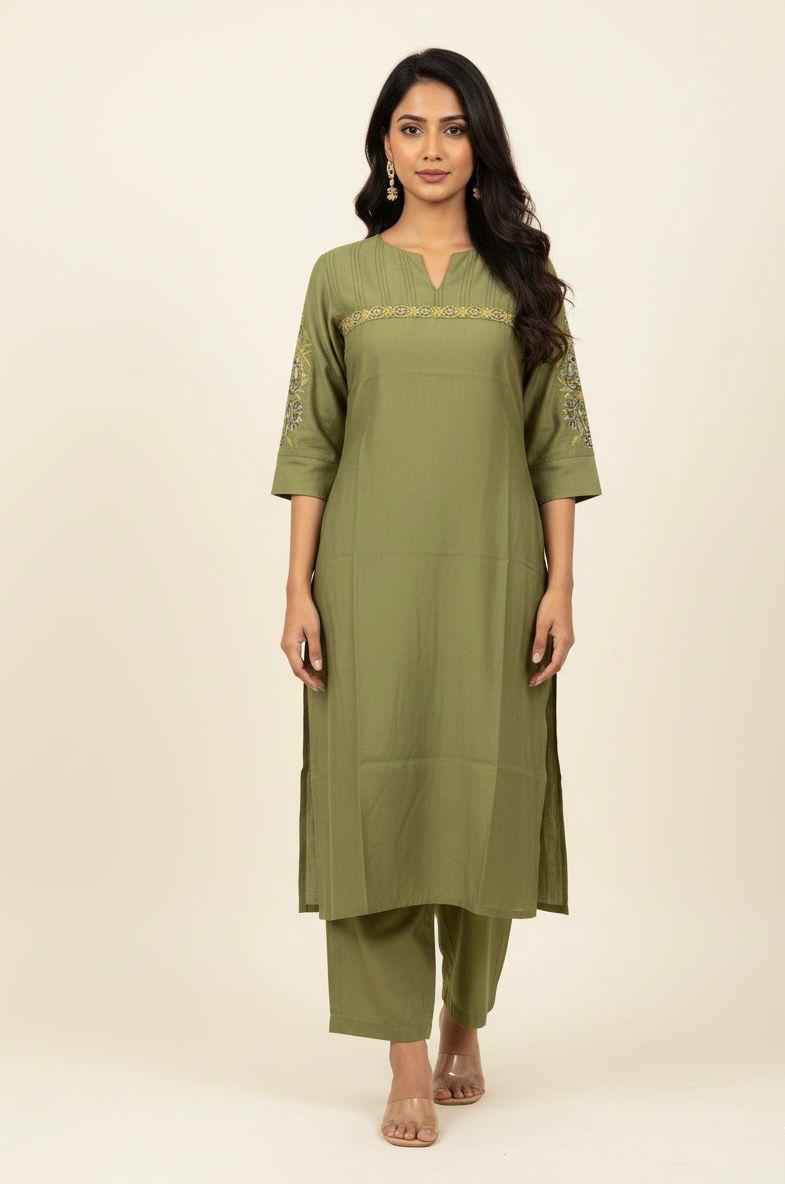 Muslin Solid Base Embroidered Pant Set MS001