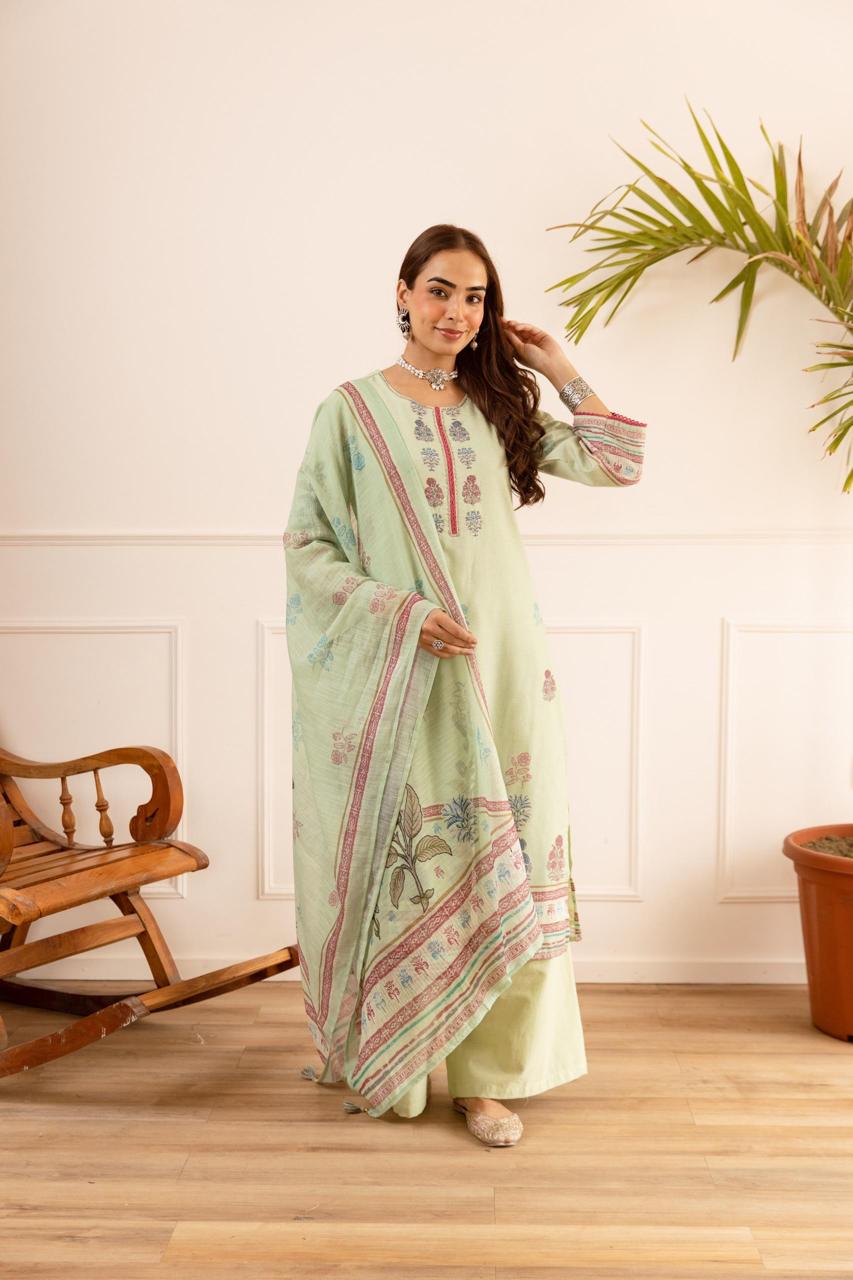 Pure Linen Three Piece Dupatta Set With Lining LN003