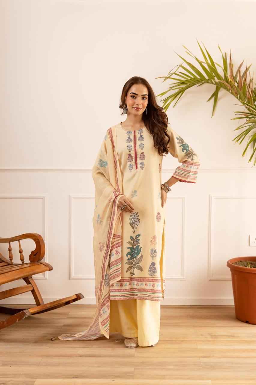 Pure Linen Three Piece Dupatta Set With Lining LN003