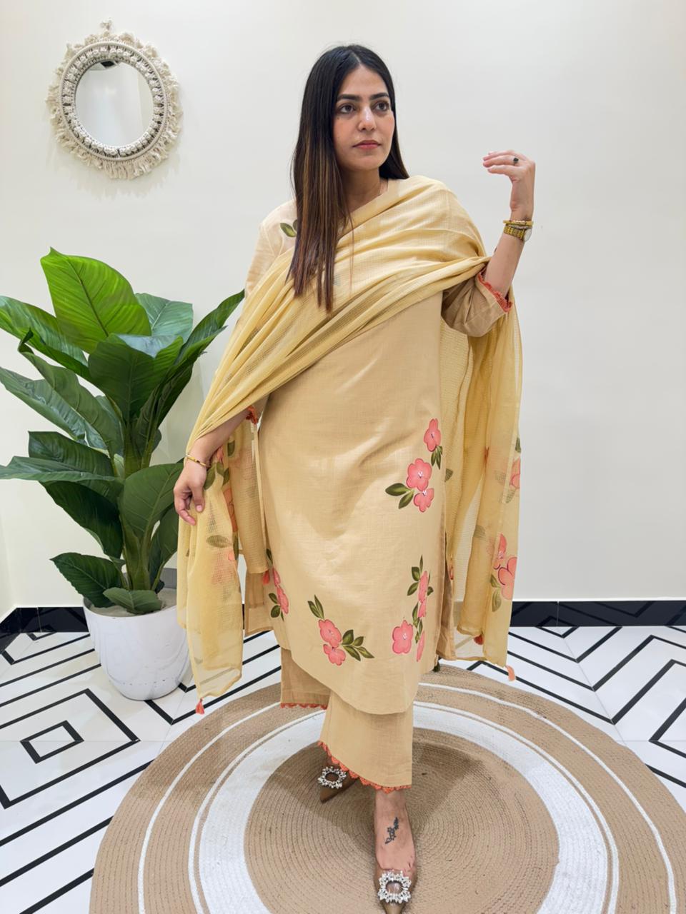 Slub Cotton Brush Print With Inner Dupatta Set CS0174