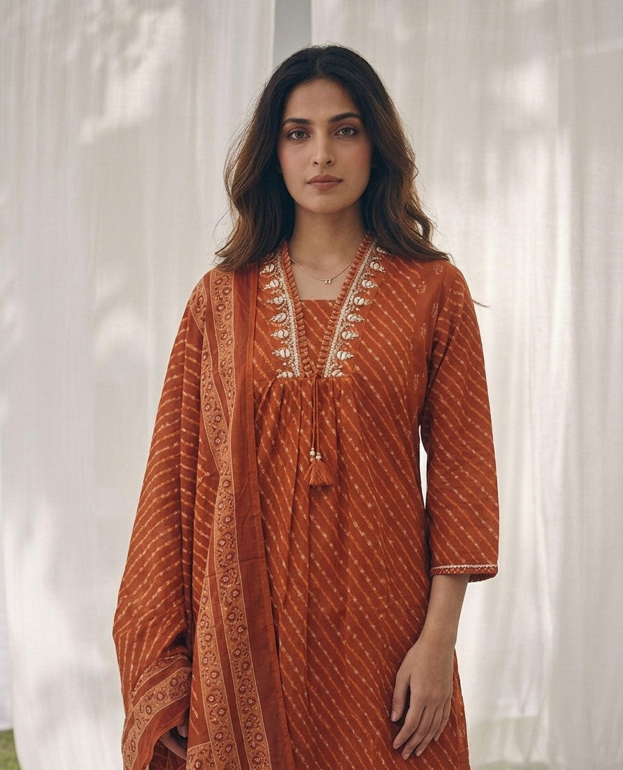 Pure Cotton A Line Leheriya Print Dupatta Set CS0329