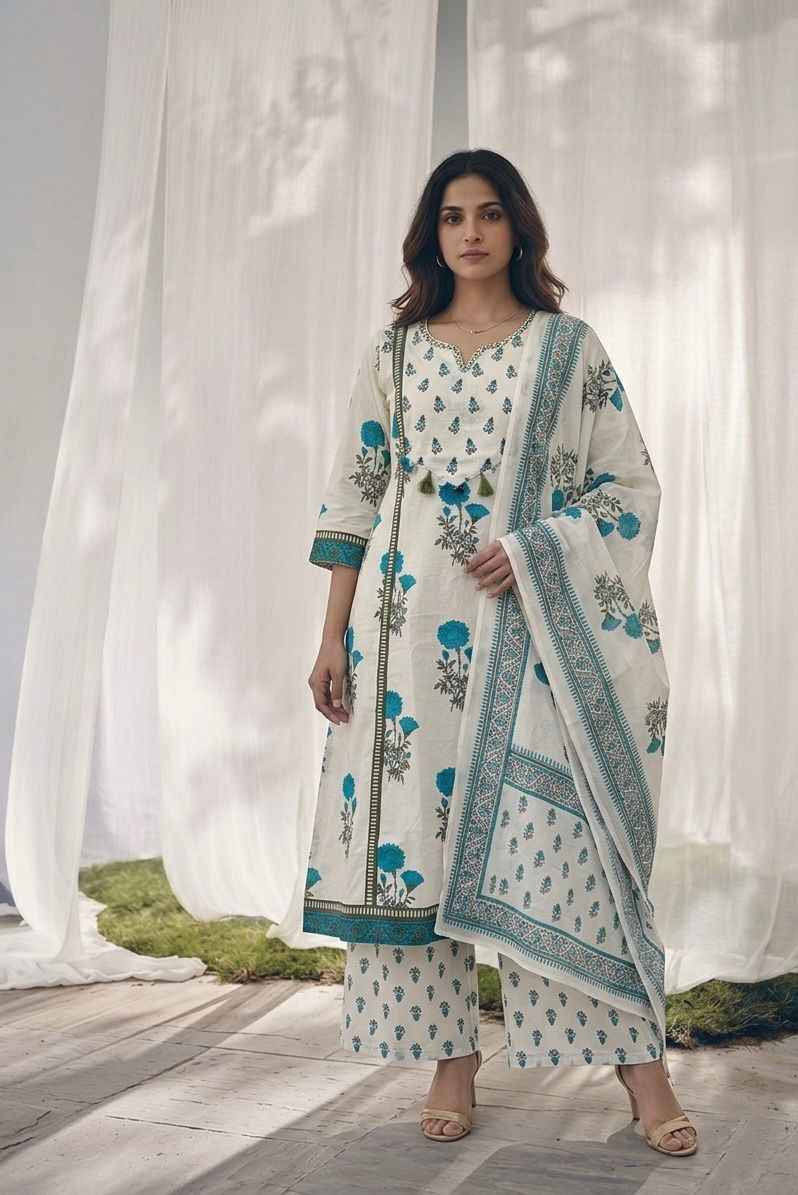 Pure Cotton A Line Floral Print Dupatta Set