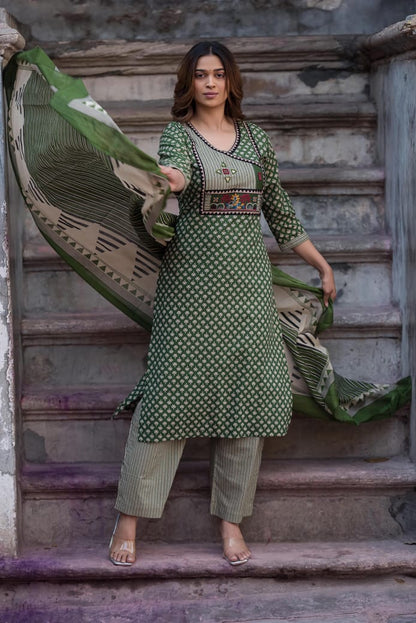 Pure Cotton Angrakha Style Three Piece Dupatta Set  CS0357