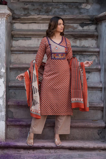 Pure Cotton Angrakha Style Three Piece Dupatta Set  CS0357
