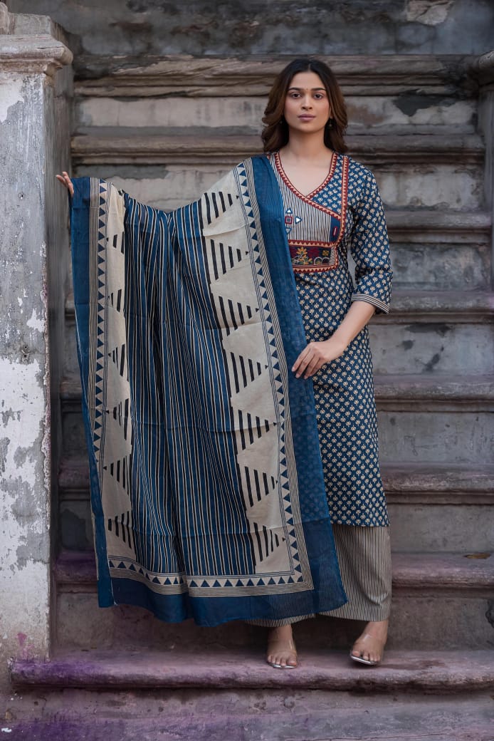 Pure Cotton Angrakha Style Three Piece Dupatta Set  CS0357