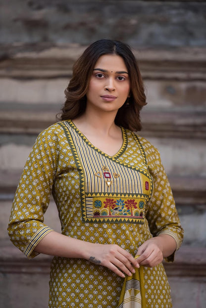 Pure Cotton Angrakha Style Three Piece Dupatta Set  CS0357