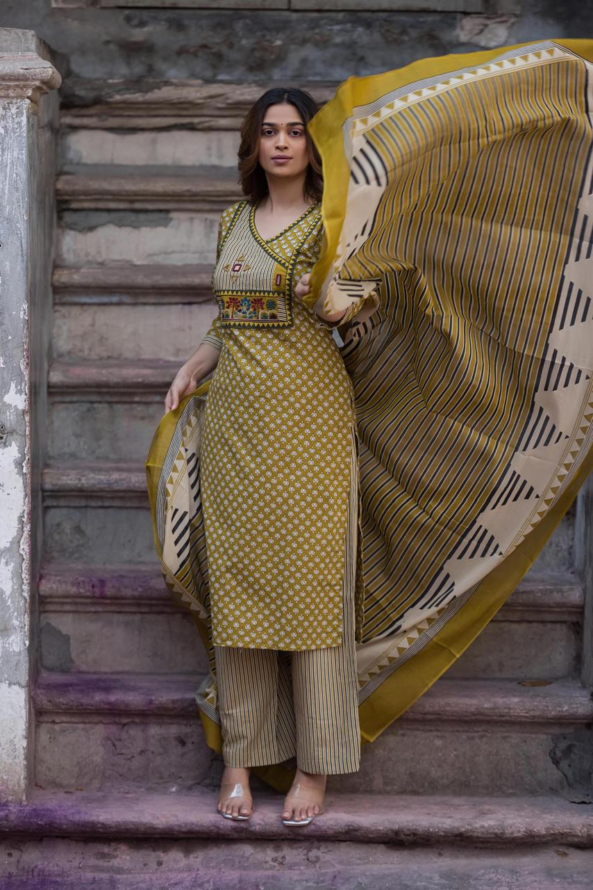 Pure Cotton Angrakha Style Three Piece Dupatta Set  CS0357
