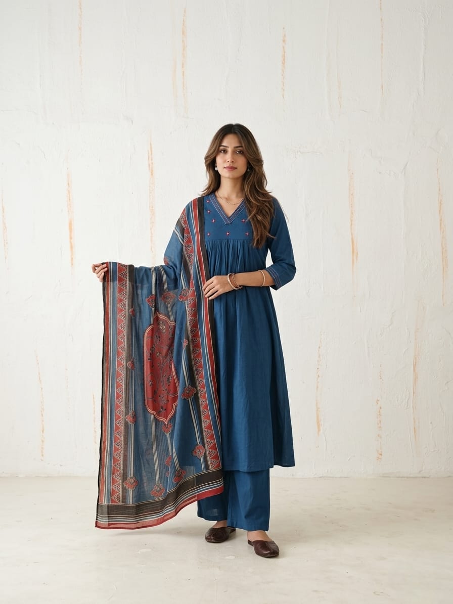 Pure Cotton A Line Three Piece Dupatta Set CS0377