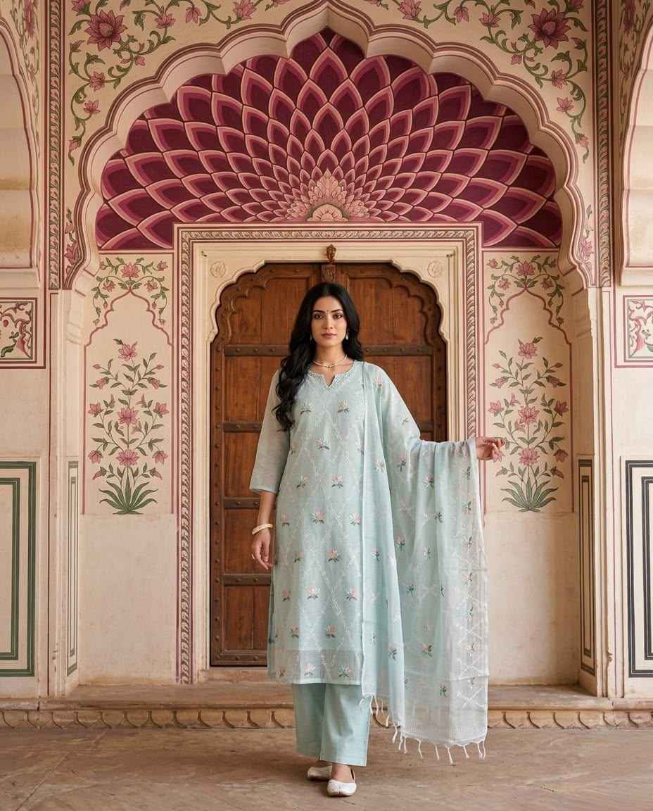 Pure kota doriya dupatta set with premium embroidery
