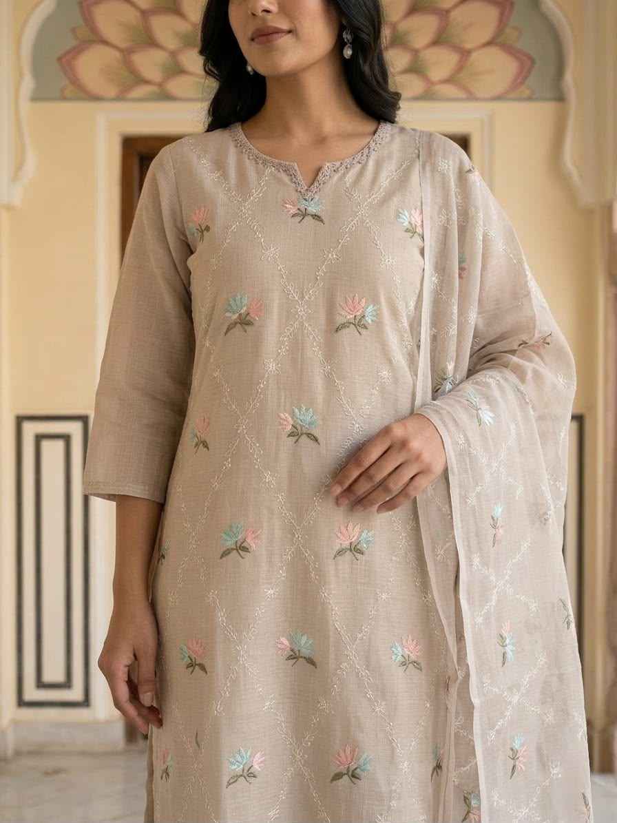 Pure kota doriya dupatta set with premium embroidery