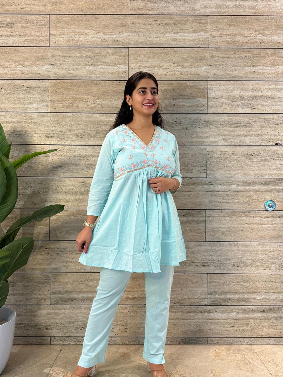 Pure Cotton Co Ord Set With Embroidery FL0295