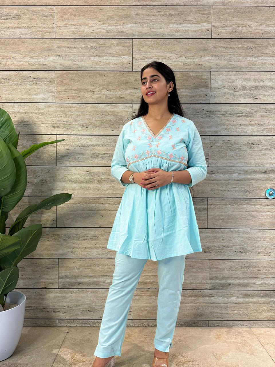 Pure Cotton Co Ord Set With Embroidery FL0295