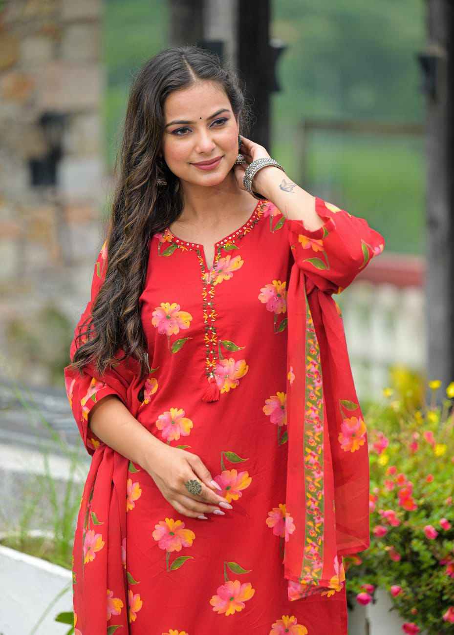 Floral Print Pure Cotton Three Piece Dupatta Set With Palazzo