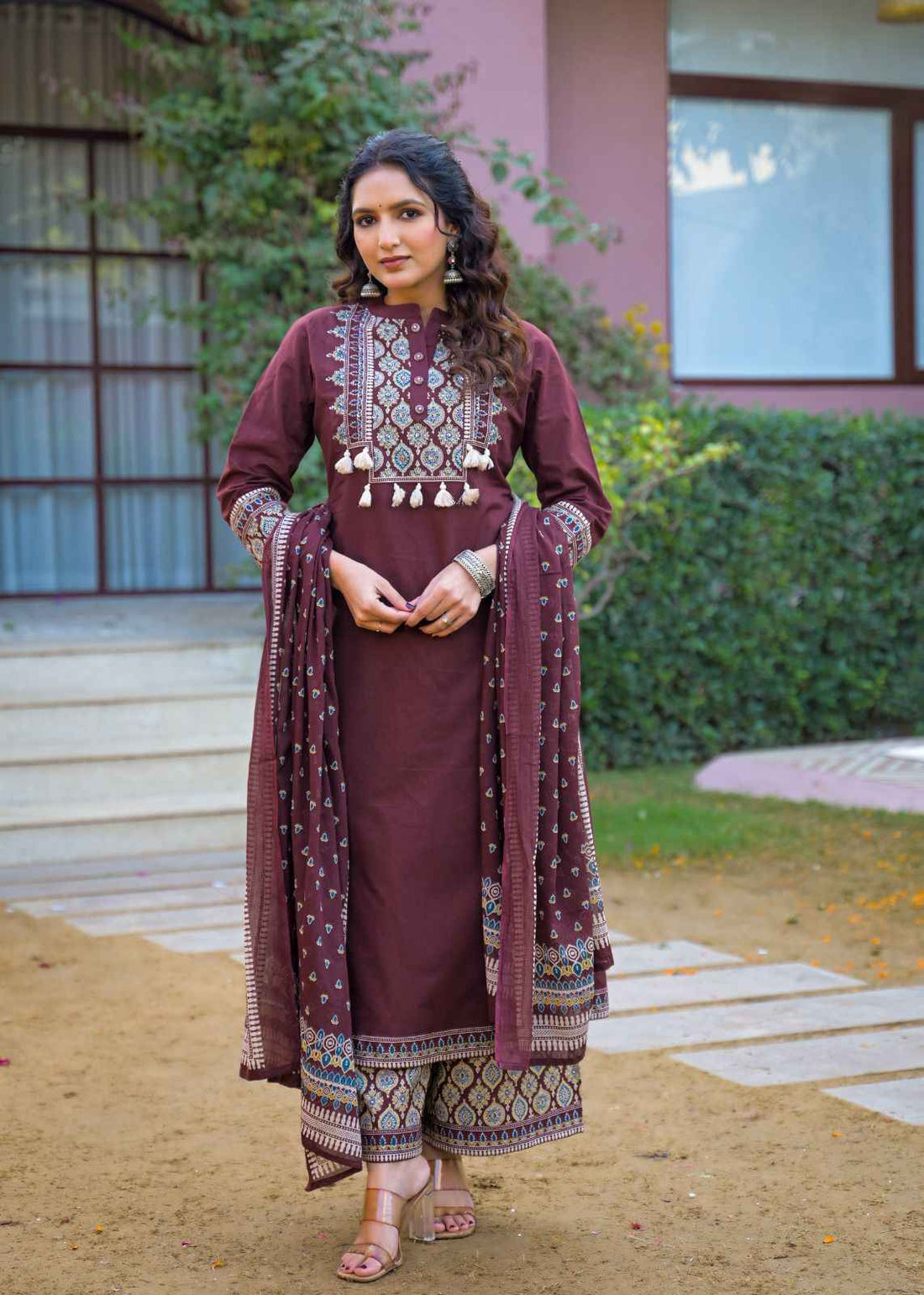 Pure Cotton A Line Three Piece Dupatta Set With Palazzo