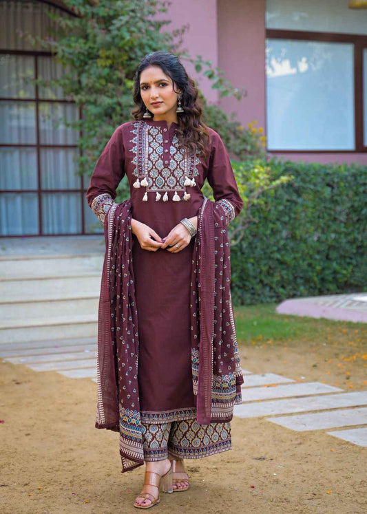 Pure Cotton A Line Three Piece Dupatta Set With Palazzo