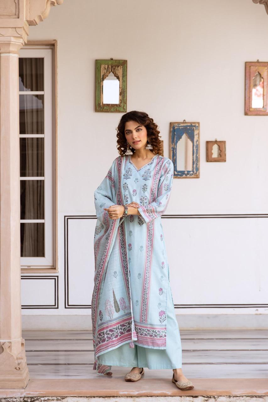 Pure Pink Linen Three Piece Dupatta Set With Lining LN004